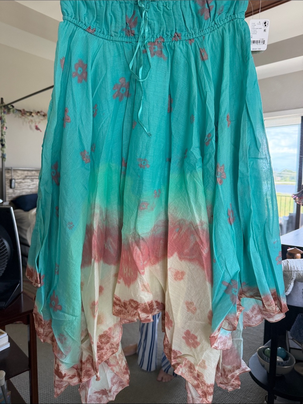 Bohemian Teal & Cream Handkerchief Hem Skirt
